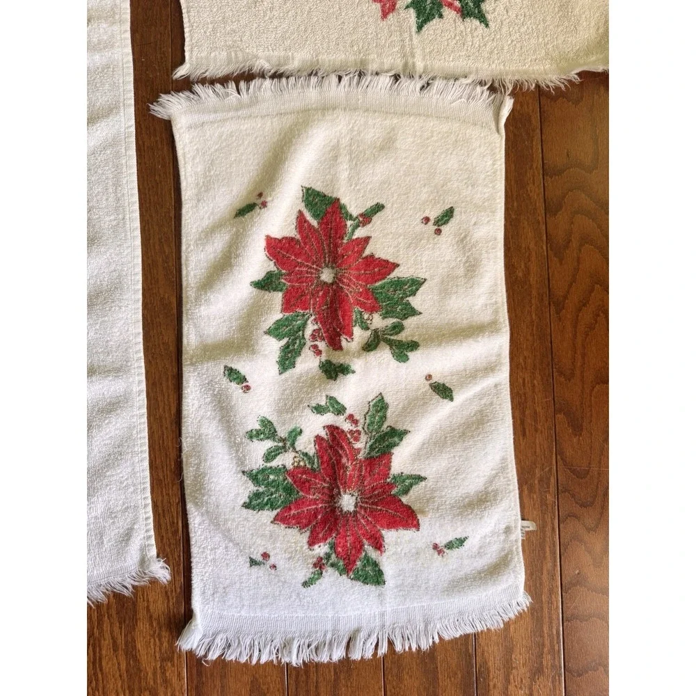 Vtg Christmas Poinsettia Towel‎ Set Lot Sears Holiday Tea Hand Bath Red Green